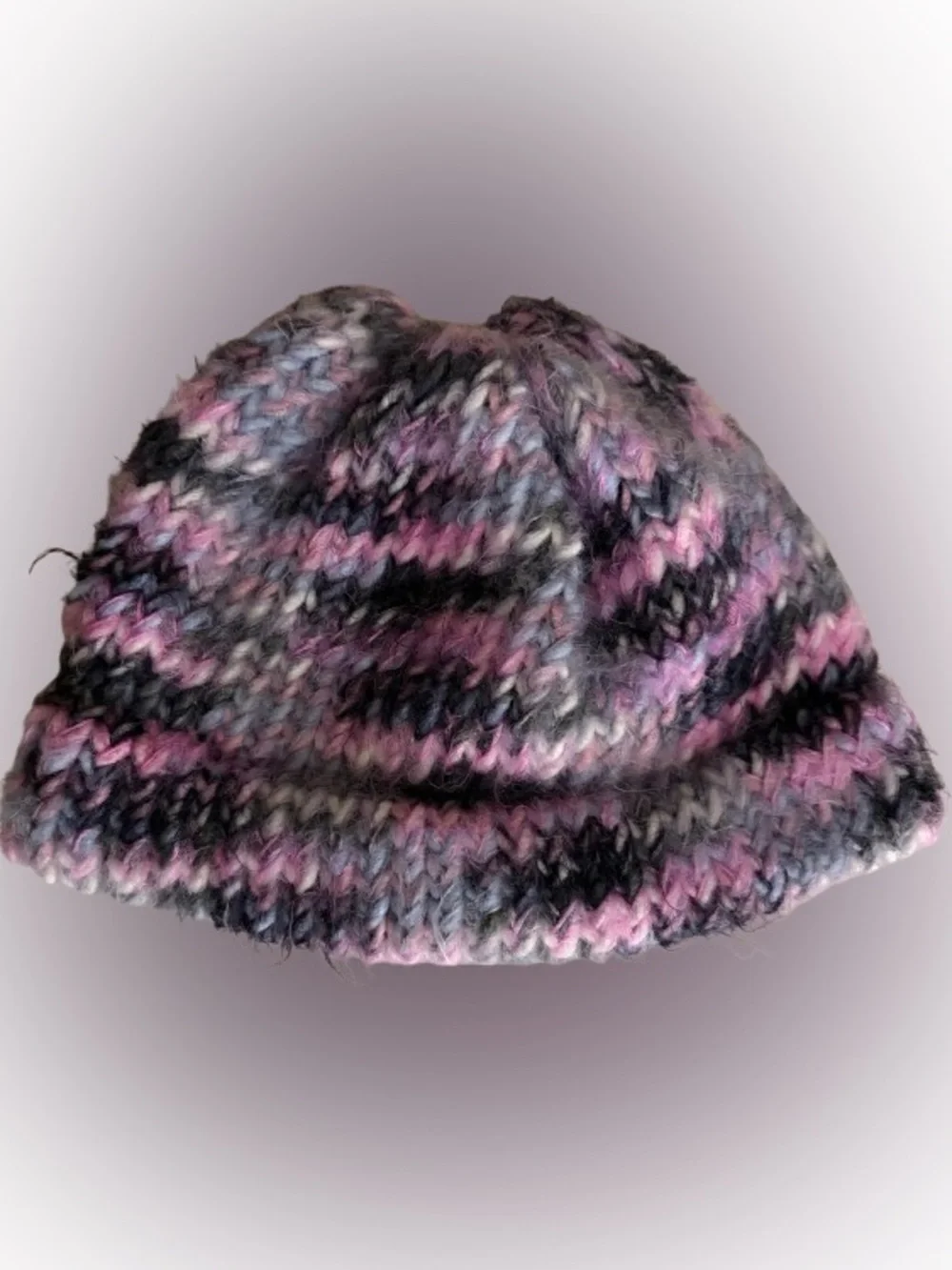 Hand-Knit Multicolor Beanie - Pink & Gray
